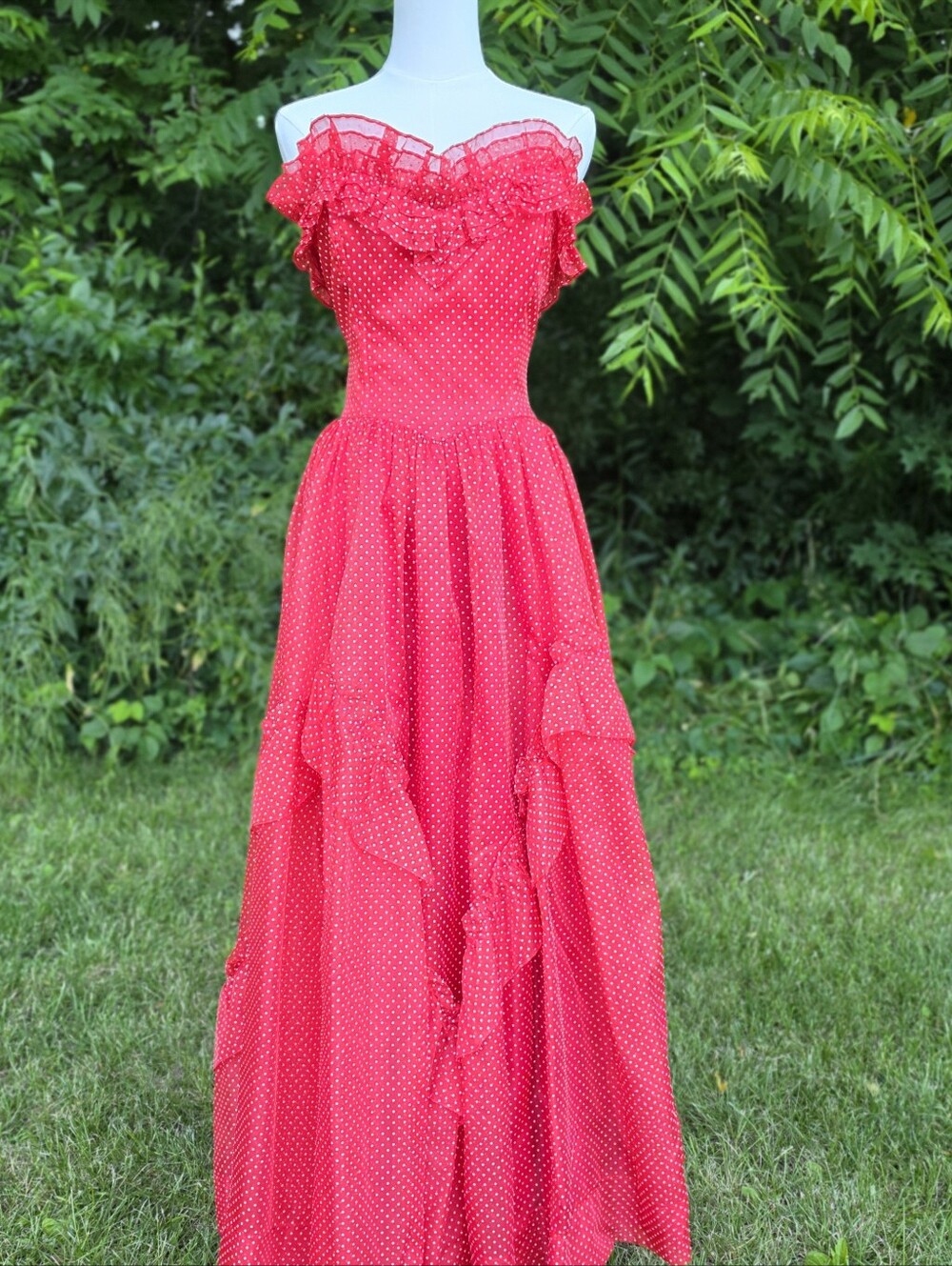 Gunne Sax Strapless Red Polka Dot Ruffle Maxi Dress